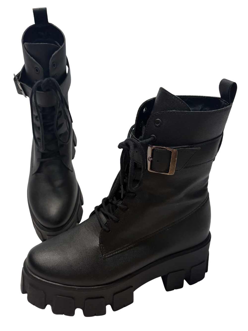 Chunky Black Lace-Up Combat Boots with Buckle Strap